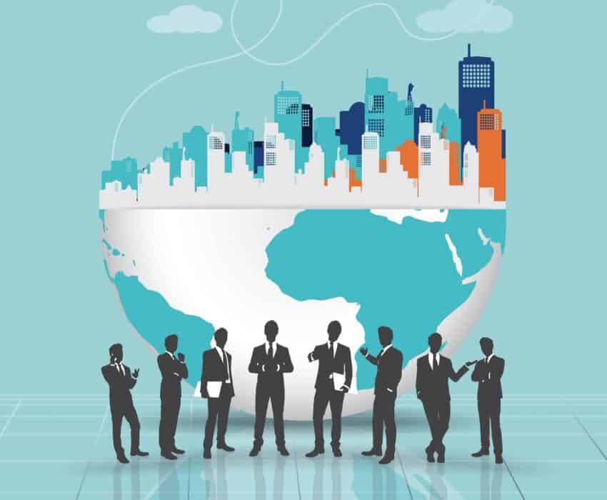 Business people silhouettes with city and modern design globe. V